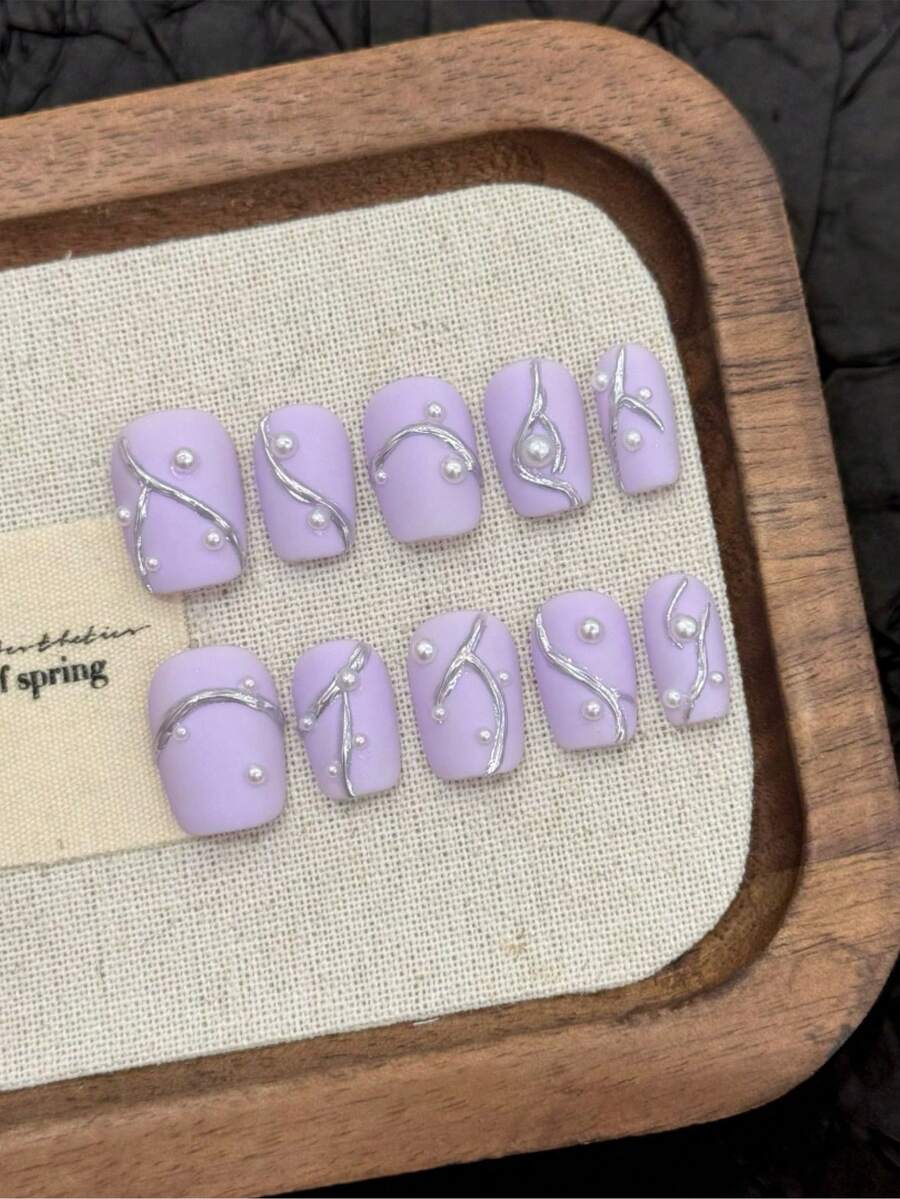 10pcs Short Nails Coffin Nails Dissolved Silver Matte Purple Nails Handmade Nails For Daily And Holiday Wear, Reusable Press On Nails, Holiday Nails Pieces For Women And Girls To Wear Back To School, Press On Nails