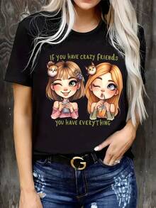 Camiseta Casual De Mujer Con Diseño Gráfico - Frase Amigable Y Adorable Para Amantes De Los Gatos, Tejido Transpirable Y Elástico, Lavable A Máquina, Regalo Perfecto Para Mejores Amigas, Camisetas Cómodas Y Juguetonas - Oscuro - Ver 2