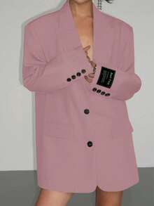 Women's Pink Letter Embroidered Lapel Long Sleeve Single-Breasted Casual Loose Blazer Jacket, Suitable For Banquet, Wedding, Festival, Gathering, Party, Outing And Other Occasions, Spring/Autumn