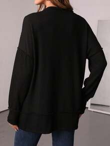 Women's Long Sleeve Shirt, Autumn Ribbed Loose Oversized Sweatshirt, Casual Side Slit Drawstring Waist Top Black Spring - Black - View 2
