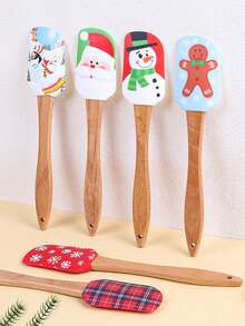 6 Stücke Festliche Weihnachtsthemen Holzgriff Silikon Spatel - Cartoon Weihnachtsmann, Schneemann, Schneeflocken, Lebkuchenmann Muster, zum Backen, Kochen & Feiertags-Feiern (Geburtstag, Valentinstag, Erntedank, Weihnachten)
