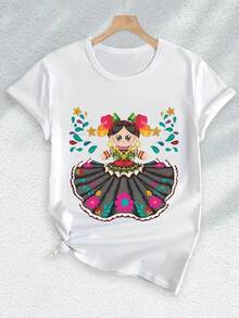 Camiseta Estampada de Estilo Mexicano para Mujeres - Patrones Florales y de Arte Popular Vibrantes, Top de Manga Corta Transpirable con Cuello Redondo, Estilo Casual de Verano de Ajuste Regular, Lavable a Máquina, Tela Medio Elástica - Blanco - Ver 3