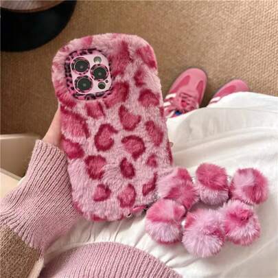 Leopard Plush Phone Case With Wrist Strap, Compatible With Iphone 14 Pro Max, Compatible With Iphone 14 Pro, Compatible With Iphone 14, Compatible With Iphone 15 Pro Max, Compatible With Iphone 15 Pro, Compatible With Iphone 15, Compatible With Iphone 16 Pro Max, Compatible With Iphone 16 Pro, Compatible With Iphone 16, Compatible With Iphone 13 Pro Max, Compatible With Iphone 13 Pro, Minimalist Design For Women