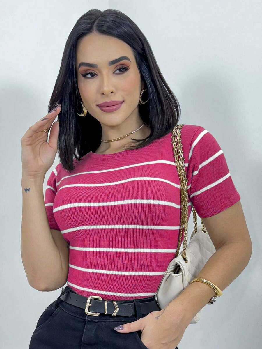 Cropped Women's Short Sleeve Striped Modal Knit Blouse - 玫紅色 - 查看 1