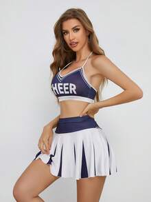 Disfraz de animadora sexy, conjunto de sujetador de contraste de halter + minifalda, atuendo de juego de roles, regalo de Navidad y Día de San Valentín para mujeres