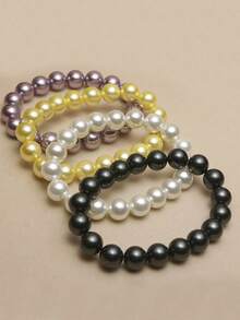 3 colores Elegante pulsera de perla de concha de estilo marinero | Pulsera elástica de cuentas redondas versátil y de moda | Simbolizando elegancia noble, amarillo, morado y blanco, regalo perfecto para mamá o novia en el Día de San Valentín, cumpleaños, hermosa pulsera para el Día de San Valentín, cumpleaños