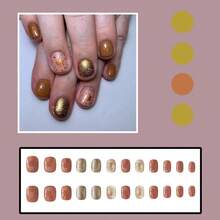 24 Pcs Fall Thanksgiving Orange Press On Nails Short Square - ZWENJIE Cute Glitter Fake Nails Press Ons Nail Art Tips With Autumn Leaves Lattice Design Full Cover Acrylic False Nails Glue On Nails Kit - 款式 J03 - 查看 10