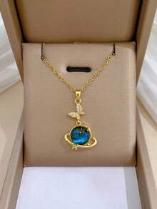 1pc Stainless Steel Ladies Necklace With Moon Shape Pendant Decorated With Starry Sky Stone And Rhinestone {Necklace Box Not Included} - 金子 - 查看 7