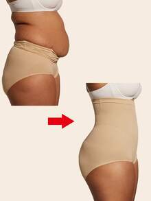 1件装女士高弹力防卷腰塑形内裤，加大码平坦小腹收腰提臀塑身衣 - 杏色 - 查看 4