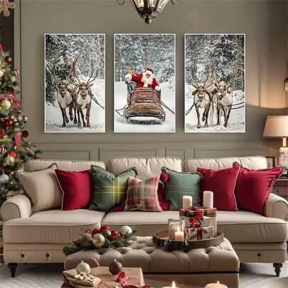 3 件套圣诞老人、森林、驯鹿和雪橇艺术海报装饰，大型美观的圣诞海报，卧室、客厅、厨房、浴室、走廊、办公室、酒店装饰、墙壁装饰、家居装饰的理想礼物，圣诞快乐礼物，非常适合房间装饰，可选框架