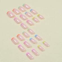 Pink Press On Nails Short Square Fake Nails Press Ons Colorful French Tip False Nails With Rainbow Design Glue On Nails Glossy Full Cover Stick On Nails Cute Acrylic Nails For Women Manicure 24Pcs - 豐富多彩的 - 查看 4