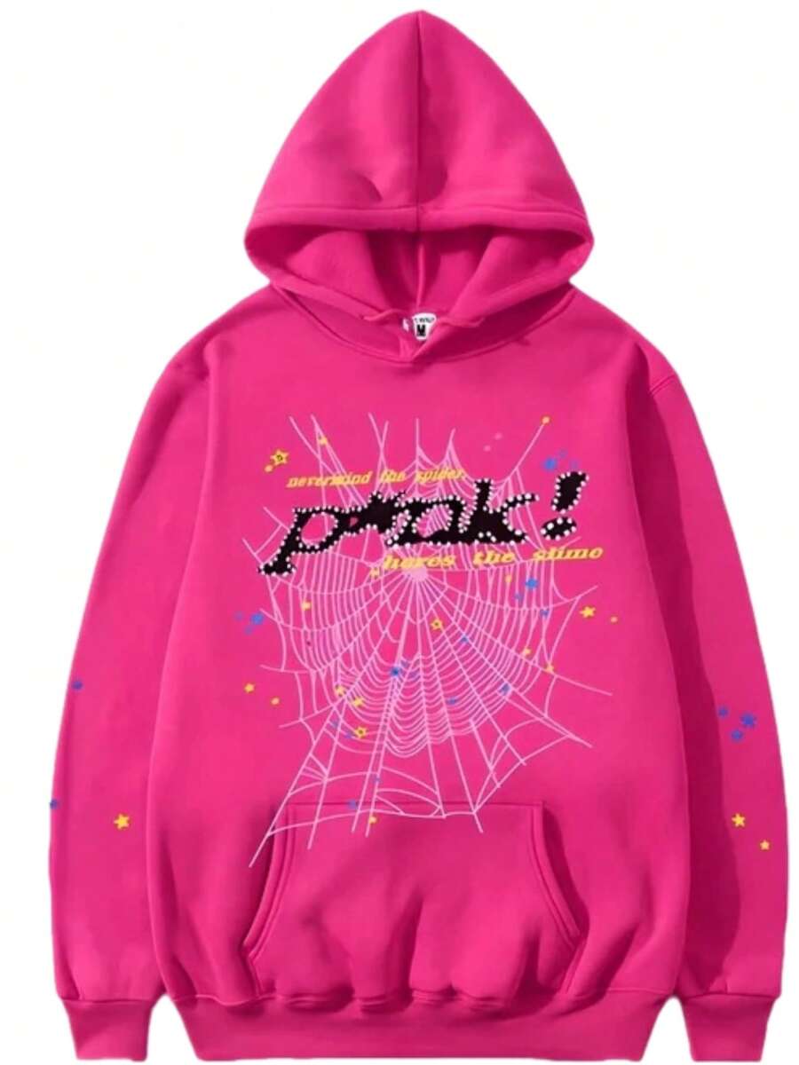 Hoodie Spider Sweater Printed Hoodie Valentine Outfits For Women,Printed On The Back Of The Large Board,Single-Layer Fleece, Casual And Comfortable Velvet Street Wind Long-Sleeved Hooded Sweater, Autumn And Winter Sports Top Hoodies. - Màu Hồng Tươi - Xem 1