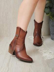 Botín western mujer, botín con cierre interno, botín puntal tacón grueso, botín casual elegante, botín estilo vaquero, botín otoño invierno, calzado versátil femenino. - Marrón - Ver 2