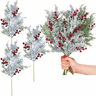 Snötäckta konstgjorda cederträpinnar med röda bär, frostade konstgjorda cederträsprayer, julcedergrönsaker, grenar, stjälkar för julgrankrans, blomsterarrangemang, vas, vinterdekorationer, heminredning, juldekorationer, rumsdekoration