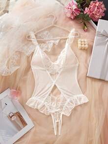 Valentine's Day&Wedding Season,Women's White Sexy Lingerie, Sheer,Adjustable, Mesh,Hollow-Out,Lace,Crotchless Bodysuits,Teddy Jumpsuit,For Women Bridallingerie. - White - View 6