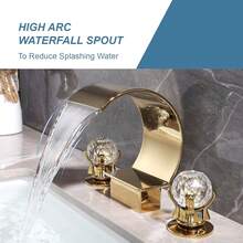 High Arc Waterfall Bathroom Faucet 3 Hole 2 Handle Crystal Knobs Vanity Basin Mixer Tap 8-Inch&Upwards Widespread Bathtub Filler Faucet Polished Sliver/Nickel/Black/Gold Bathroom Sink Faucet - Gold - View 6