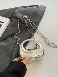 亚克力新月形盒形手提包，迷你掌包，时尚百搭链条单肩斜挎包，适合装口红、耳机等物品 - 銀色 - 查看 8