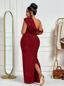 BIUBIU 大码女士优雅性感红色不对称露肩修身连衣裙，高弹亮片针织面料，适合派对、周年纪念、婚礼宾客、万圣节、秋冬夏季穿着 - 酒紅色 - 查看 4