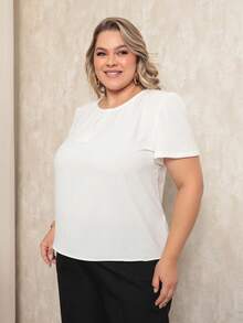 ONLYONE - PLUS SIZE WOMEN'S BLOUSE, SHORT SLEEVE, PRINCESS, PLEATES, LIGHT DUNES NECKLINE - ELEGANT WOMEN'S BLOUSES, LARGE - White - View 2