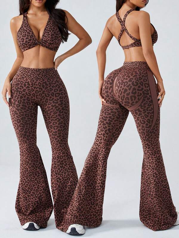 1 zestaw damski seksowny sportowy biustonosz z nadrukiem w panterkę i spodnie dzwony, głębokie V, skręcone ramiączka, odpowiedni do jazdy na rowerze na świeżym powietrzu, jogi, biegania, treningu, brązowy kawowy