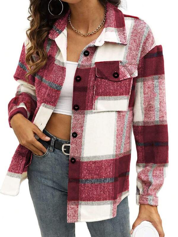 Camisa casual xadrez feminina de manga comprida com bolso de botão