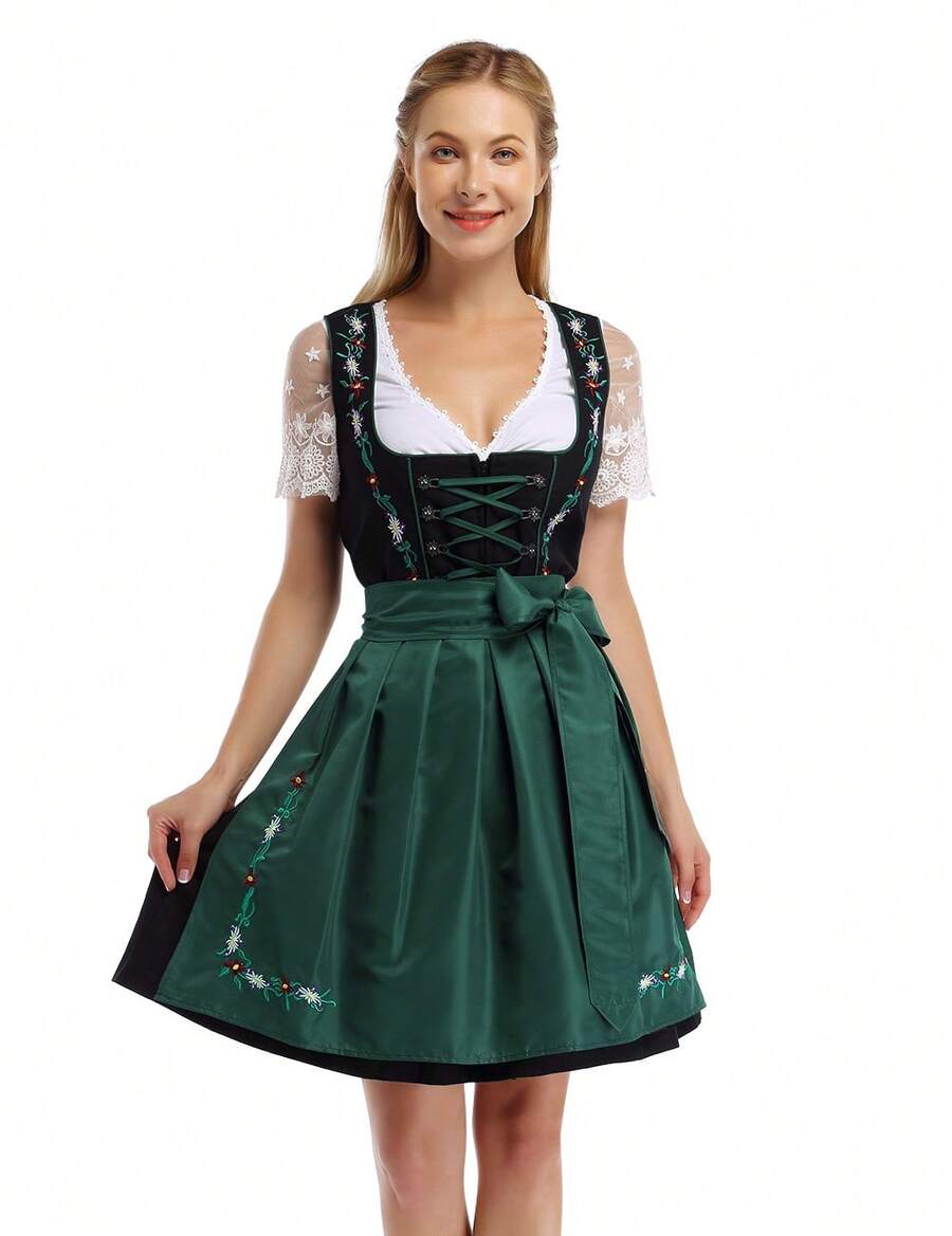 GoyRrbay Women's Oktoberfest Dress 3 Pieces Dirndl Dress Costumes For Bavarian Carnival Halloween - Dark Green - View 1