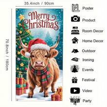 1 banner de ușă cu taur de Crăciun, cu modele de brad de Crăciun și cadouri, potrivit pentru petreceri cu tematică de Crăciun, decorațiuni interioare/exterioare, casă, perete, curte, decorare terasă, activități generale de sărbătoare, decorațiuni de Crăciun, petreceri de sărbători