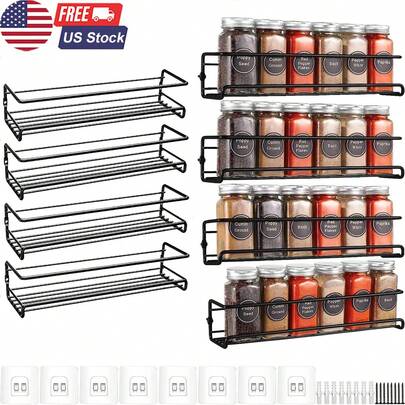 4Pcs Spice Rack Wall Mount Space Upgrade Of Bolded Saving Spice Organizer For Spice Jars And Seasonings,Screw Or Adhesive Hanging Spice Shelf Rack Organizer For Kitchen Cabinet Pantry DoorXY-1056