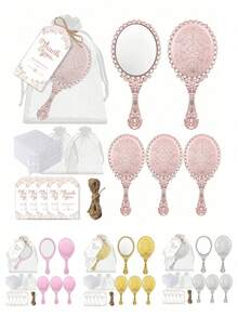 Set de 12 piezas de espejos de mano retro con relieve, espejo de mano portátil y lindo estilo princesa, espejo de mano pequeño para maquillaje con mango, espejo de mano portátil con encaje, que contiene 3 espejos, 3 bolsas de gasa, 3 etiquetas y 3 cuerdas de cáñamo, adecuado para regalos de fiesta de princesa, despedidas de soltera, fiestas de San Valentín, bodas, aniversarios