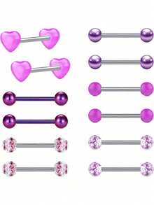 Set de 12 piezas de anillos rectos de lengua de acero inoxidable de 14G, joyería de perforación corporal, longitud de 14mm, para mujeres - Multicolor - Ver 12