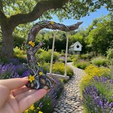 1pc Swinging Tree With Swing Garden Decor (Multiple Color Options) - Vintage Stump With Pink Flowers, Suitable For Succulents, Indoor Tabletop Display, Unique Rustic Style Gift, Outdoor Space Decor, Living Room Decor, Ideal Birthday, Christmas, Halloween, Thanksgiving Holiday Gift