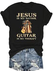 Camiseta con estampado de guitarra, para mujer y unisex, de verano, casual, transpirable, con personalidad, cuello redondo, manga corta, ropa de calle, versátil, adecuada para adolescentes y adultos - Negro - Ver 1