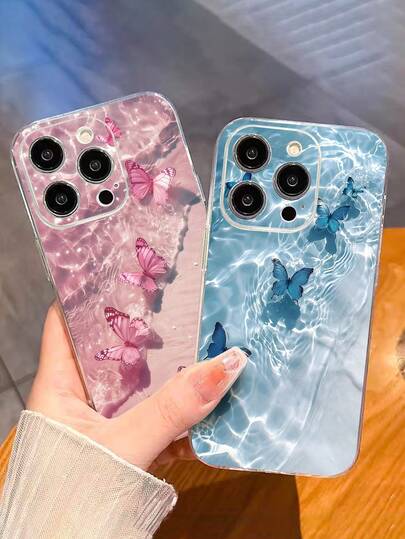 غطاء هاتف شفاف مطبوع بتصميم فراشة مقاوم للسقوط، غطاء واقي للهاتف مقاوم للسقوط قطعتان