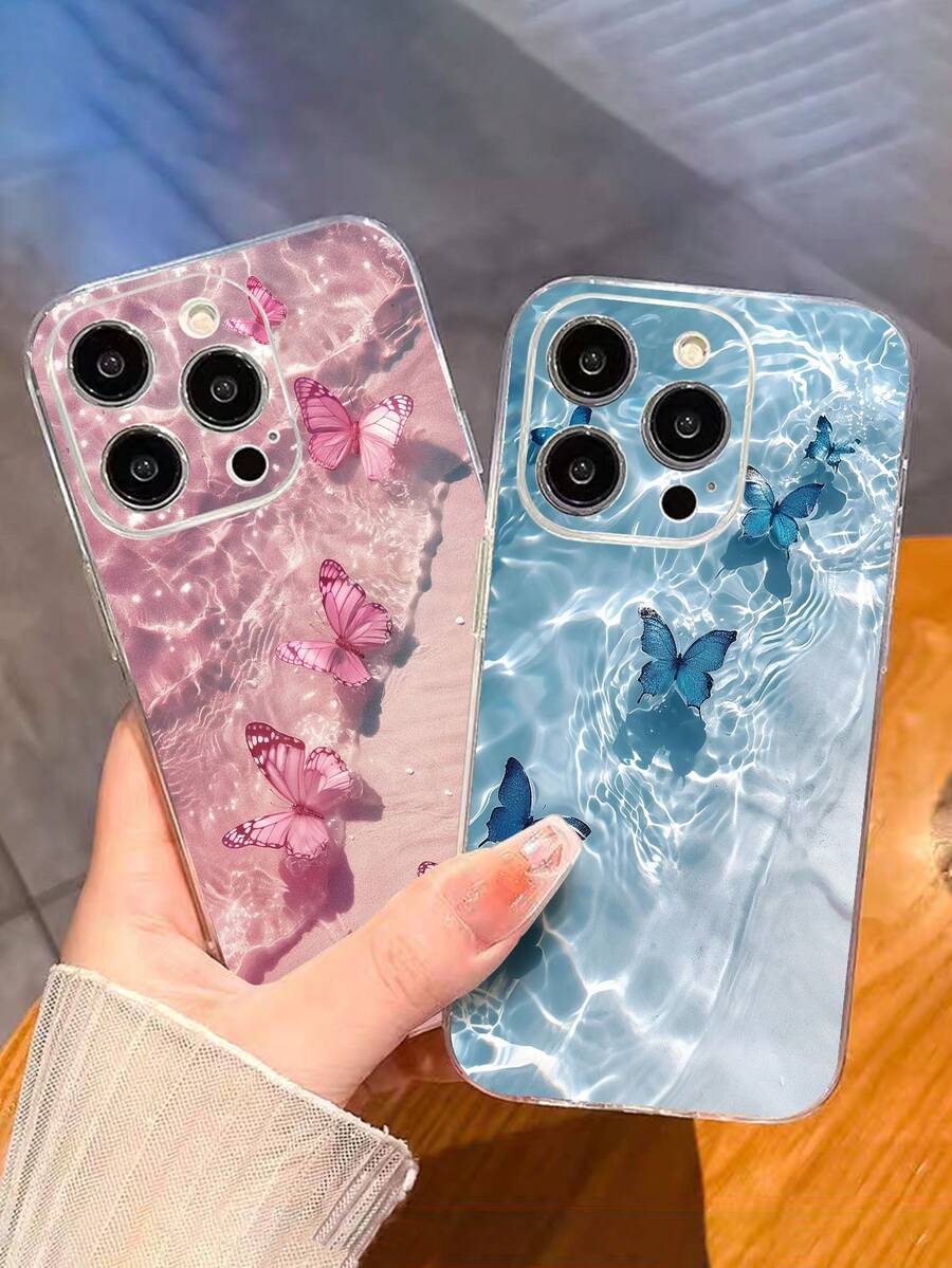 2 件时尚蝴蝶印花透明彩绘防摔手机壳，防摔手机保护套 - 彩色 - 查看 1
