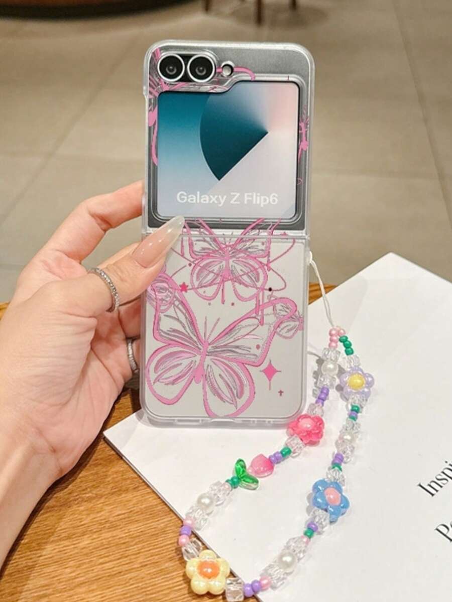 1pc Minimalist Matte PC Material Cute Butterfly Folding Phone Case, Matching Color Bracelet, Protective And Anti-Drop: Compatible With Samsung Galaxy Zflip 3/Zflip 4/Zflip 5/Zflip 6/Zflip 7/OPPO Find N3 Flip/ Razr 50 Ultra/ Razr 60 Ultra/ Razr 60/ Razr 50/Galaxy Z Flip7 FE - Clear - View 1