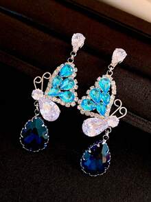 1 Pair Of Customizable Gemstone French Palace-Style Zirconia Butterfly Drop Earrings, Luxurious And High-End Style Stud Earrings For Halloween And Christmas, Fashionable And Exquisite Ear Accessories