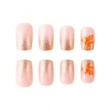 24 Pcs Fall Thanksgiving Orange Press On Nails Short Square - ZWENJIE Cute Glitter Fake Nails Press Ons Nail Art Tips With Autumn Leaves Lattice Design Full Cover Acrylic False Nails Glue On Nails Kit - Kiểu J08 - Xem 3