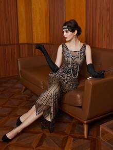 Vestido largo elegante y lujoso de los años 20 para mujer de talla grande con lentejuelas brillantes y cuentas, sin mangas, para fiesta, boda, Navidad, Halloween