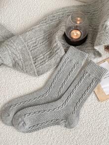 1/3 双女士羊毛混纺纯色麻花针织中筒袜，温暖时尚，适合秋冬日常穿着 - 彩色 - 查看 17