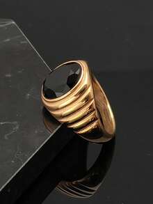1pc 316 Stainless Steel Gold‑Plated Textured Wide Band Men Statement Ring, Oval Cut Synthetic Black Crystal Polished Finger Jewelry - Black - View 2