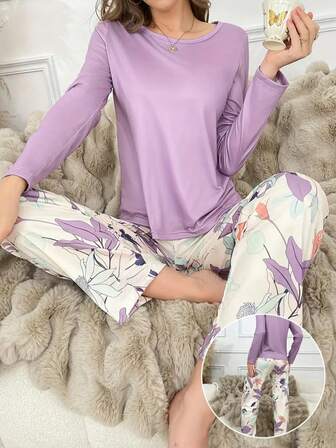 Lila pyjamasset med långa ärmar och byxor för kvinnor