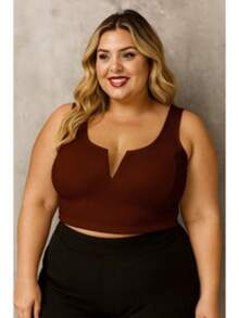 Cropped Plus Size em Malha Canelada com Decote Transparente  Simples - Marrom - Visão 1