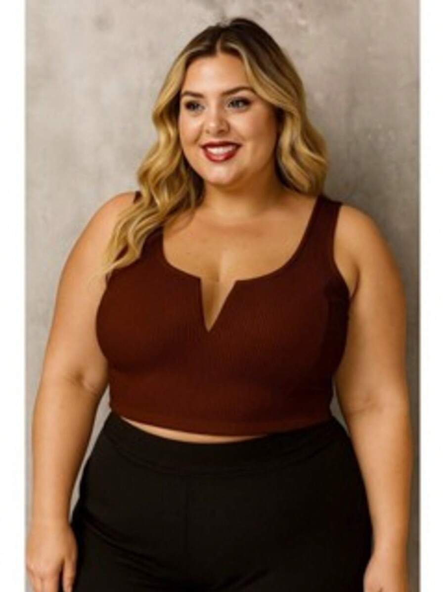 Cropped Plus Size em Malha Canelada com Decote Transparente  Simples - Marrom - Visão 1