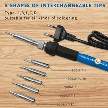 Ilibilib HX1 60W 220V 烙铁，30 秒快速加热，200-480°C 温度范围，包括 18g 焊锡丝、2 个镊子、5 个可更换尖端、支架、海绵、拆焊编织带、迷你扳手、迷你 PCB、剥线钳、吸锡泵、红/黑线、热缩管套装和皮革储物袋 - 完整的专业焊接套件