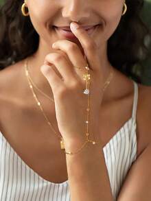 Women's Gold Bracelet Set, Rings & Bracelets, Cubic Zirconia Beads, Multi-Layer Pendant Chain, Finger Jewelry, Adjustable, Low Allergy, Suitable For Daily Wear - Golden - View 4