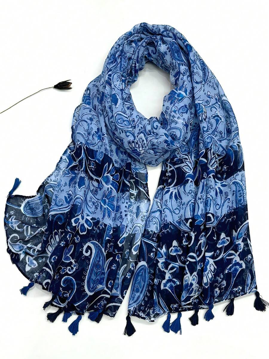 1 chiếc khăn quàng cổ in họa tiết đơn giản, khăn choàng tua rua nhẹ và thoáng khí, thiết kế thanh lịch và thời trang dành cho nữ, khăn quàng cổ lụa đa năng cho mùa xuân/hè, khăn choàng chống nắng ngoài trời đi biển, khăn trùm đầu cho trang phục - Màu xanh hải quân - Xem 1