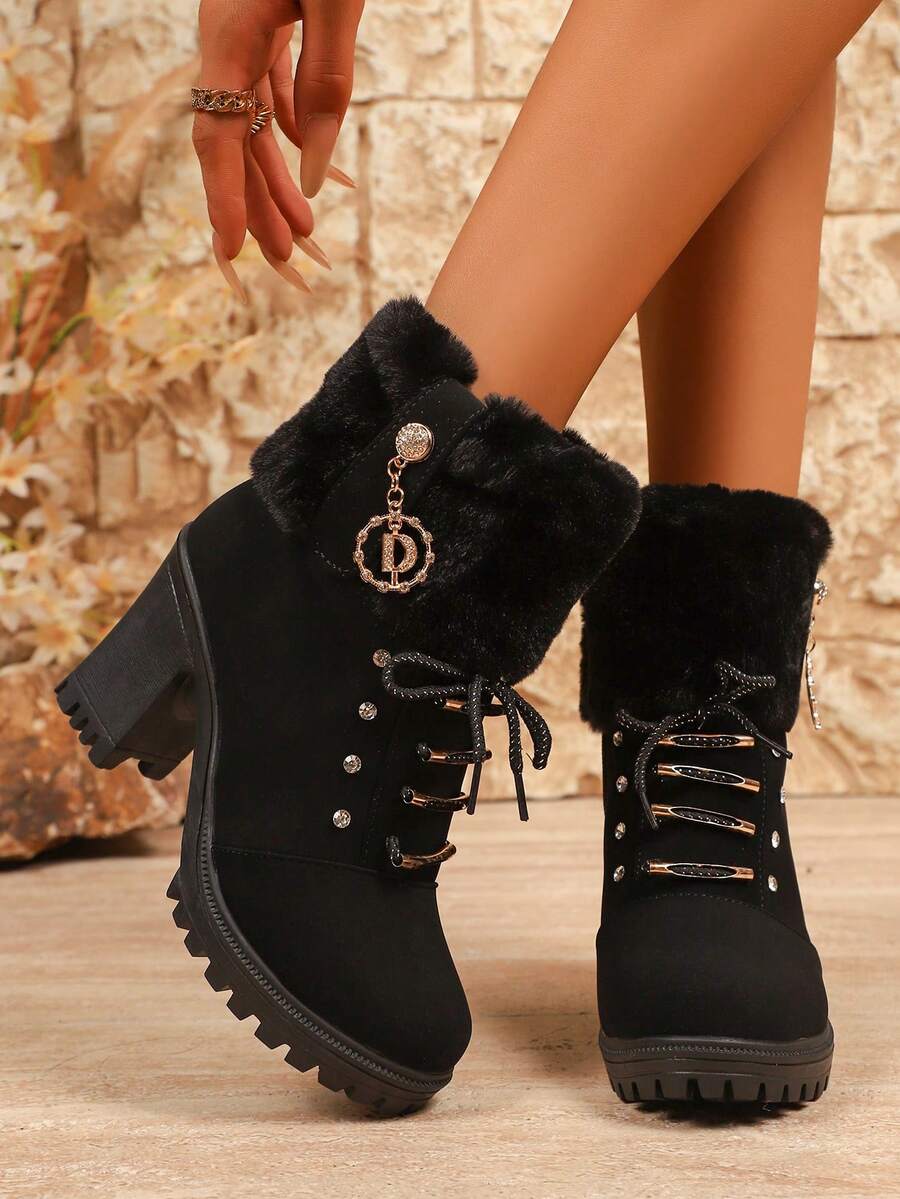 1 双时尚简约青少年踝靴，全新秋冬设计，舒适保暖，装饰性系带粗跟，适合户外、日常通勤、派对和舞会 - 黑色 - 查看 1