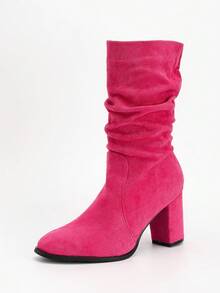 Chunky Heel Slouchy Boots Round Toe Suede Slim Tall Boots For Women, New Autumn/Winter Mid-Calf Riding Boots, Fur Trim, Pink - Watermelon Pink - View 8