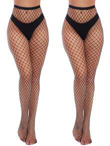 1/2/3/4 Pairs Women High Waist Fishnet Leggings/Tights, Black Fishnet Stockings - Black - View 11