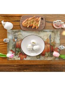 1/4/6 pièces Nappes rectangulaires en lin avec feuilles d'érable et citrouilles d'automne pour la Thanksgiving, lavables en machine, décoration de table tressée jaune et grise, pour salle à manger, maison, cuisine, banquet, café